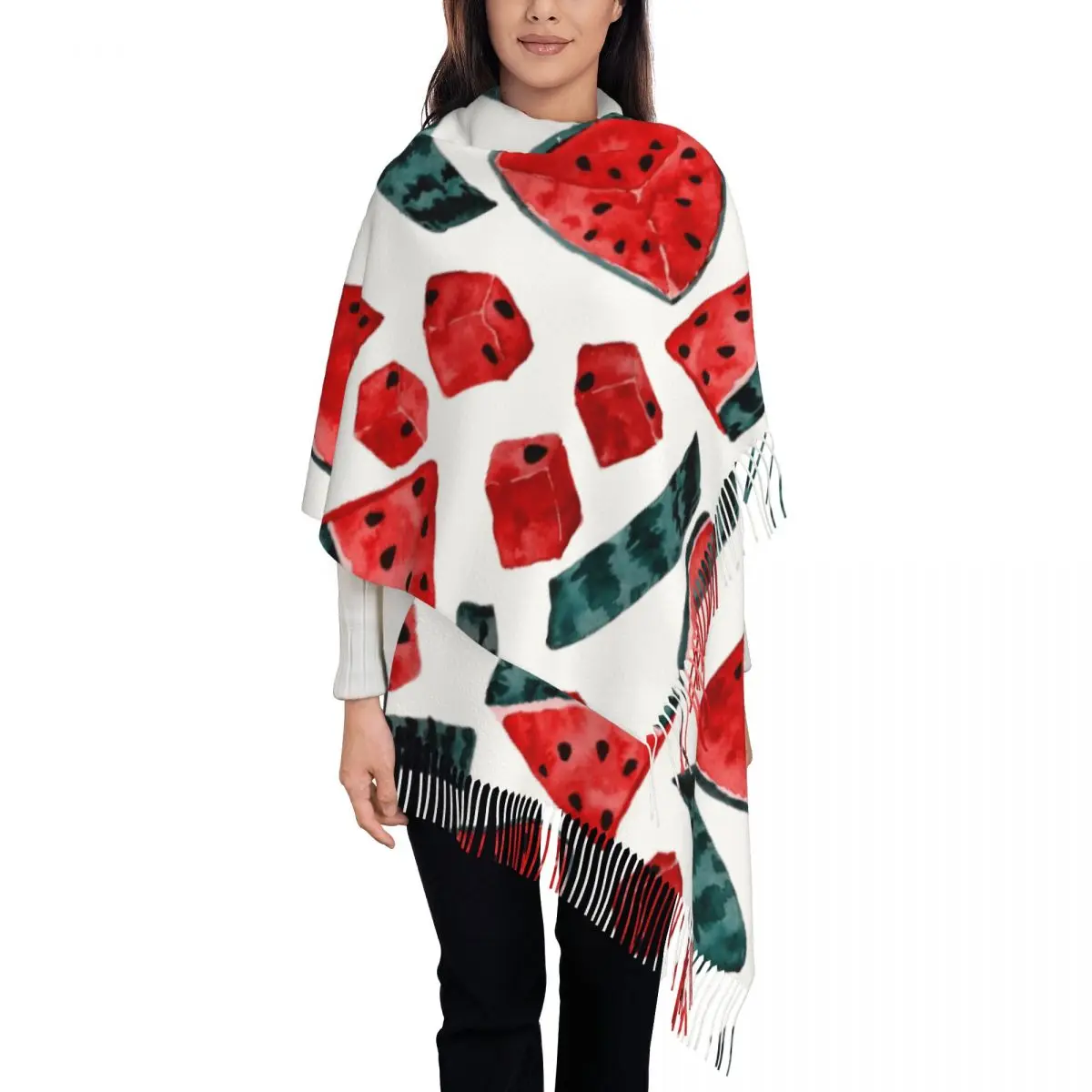 

Winter Tassel Scarf Watercolor Watermelon Slices Cashmere Scarves Neck Head Warm Pashmina Lady Shawl Wrap Bandana