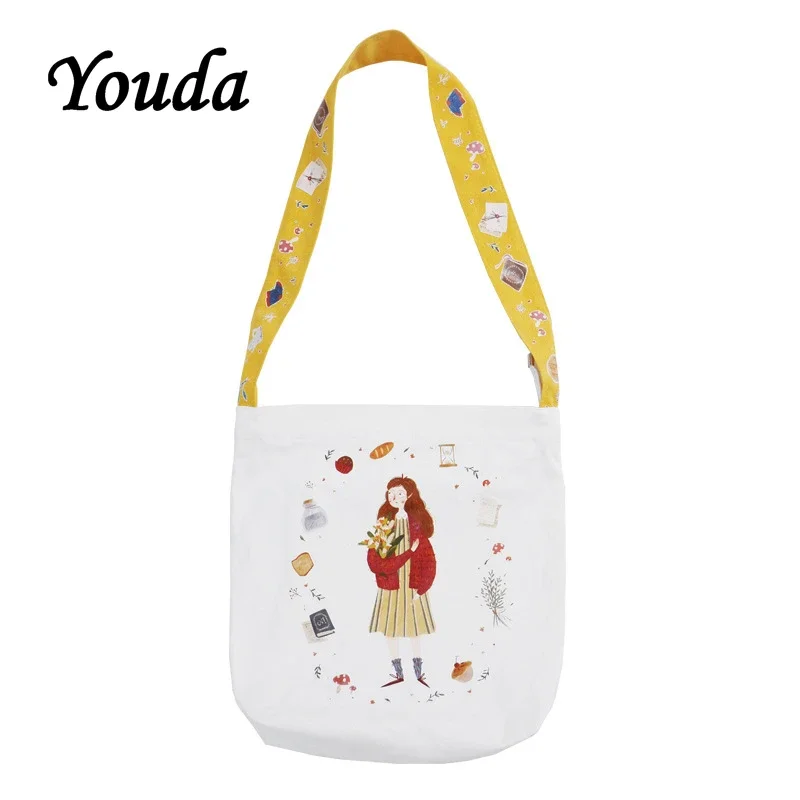 

Youda Japanese Original Illustration Print Messenger Bag Simple Shoulder Canvas Bags College Style Student Cute Slung Schoolbag