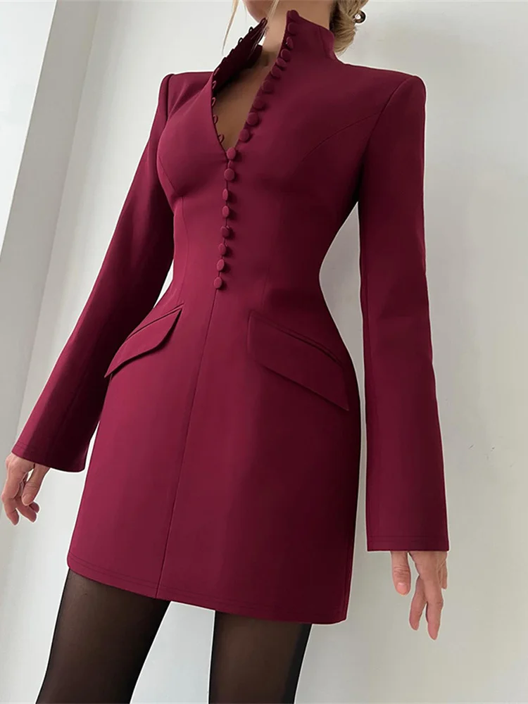 Nibber Elegant Fashion Office Style Dress Woman Button Pocket Decoration Stand Collar Simple Full Sleeve Casual Mini Bodycon