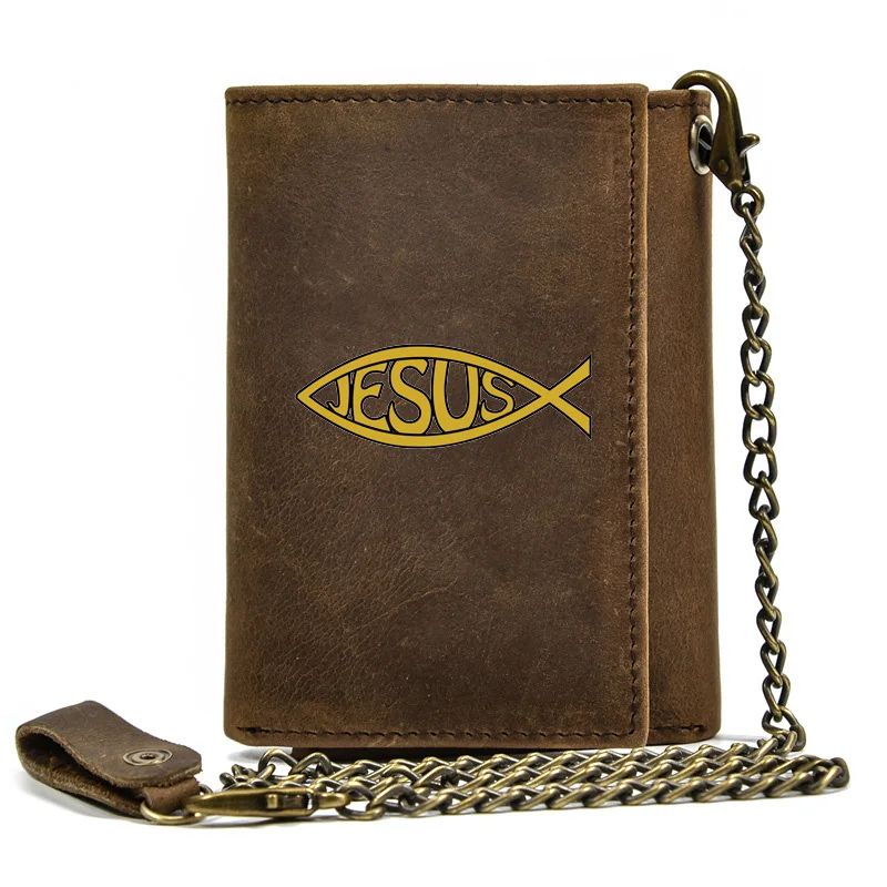 

High Quality Men Genuine Leather Wallet Anti Theft Hasp With Iron Chain Vintage Jesus Fish ΙΧΘΥΣ Cover Card Holder Short Purse