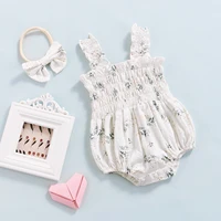 Infant Baby Girl's Sleeveless Jumpsuit Floral Print Elastic Bust Shoulder Straps Romper Bow Headband 3