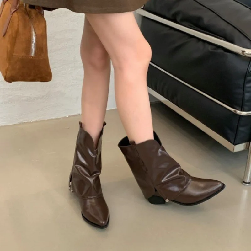 ​​2025 New Women's Western Cowboy Boots - Mid Calf Pointed Toe Chunky Heel Vintage Leather Boots for Women Autumn Winter Boots - 3