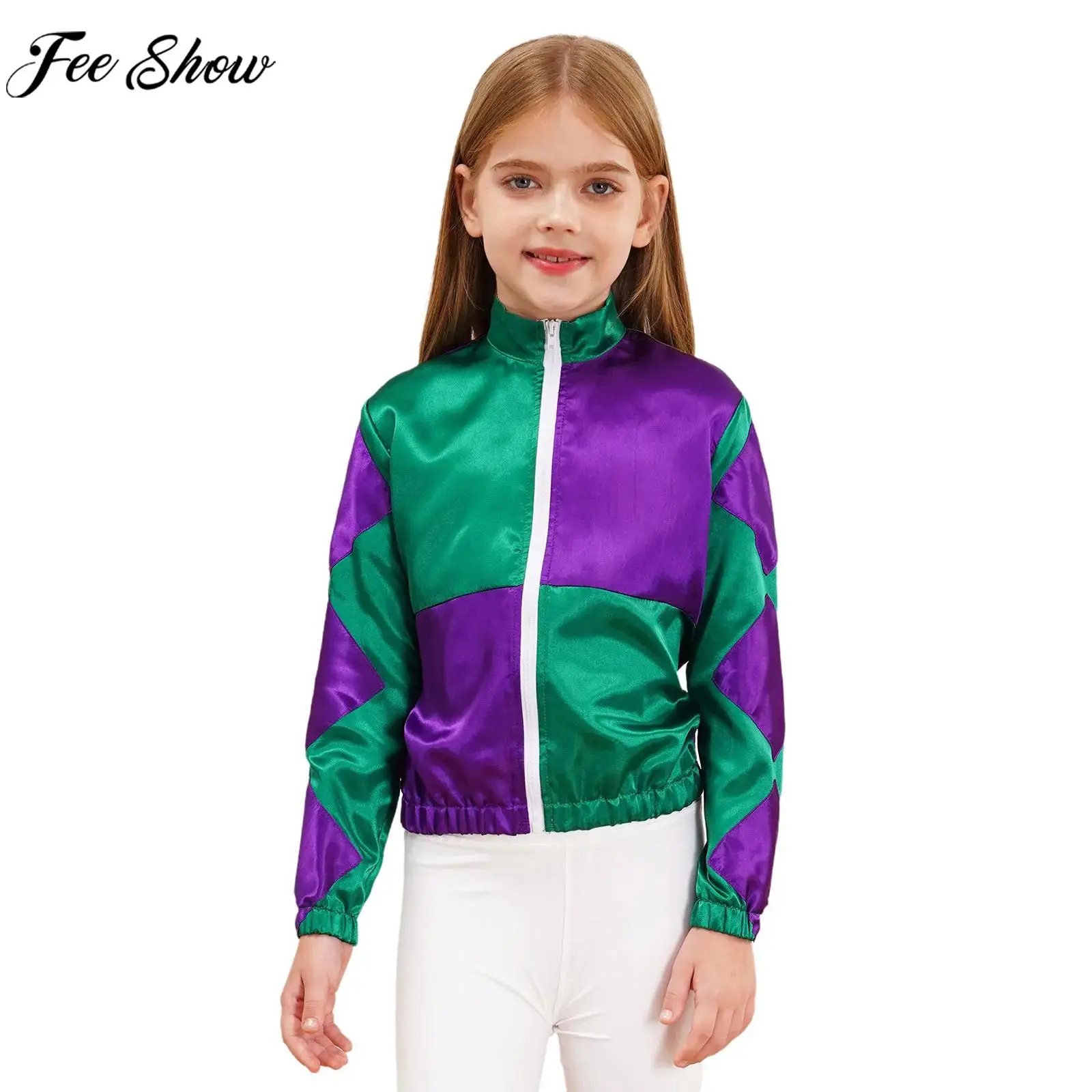 Cosplay Costume Kids Girls Halloween Carnival Jockey Riding Horse Trainer Cosplay Performance Costume Long Sleeve Color Contrast Zipper Jacket