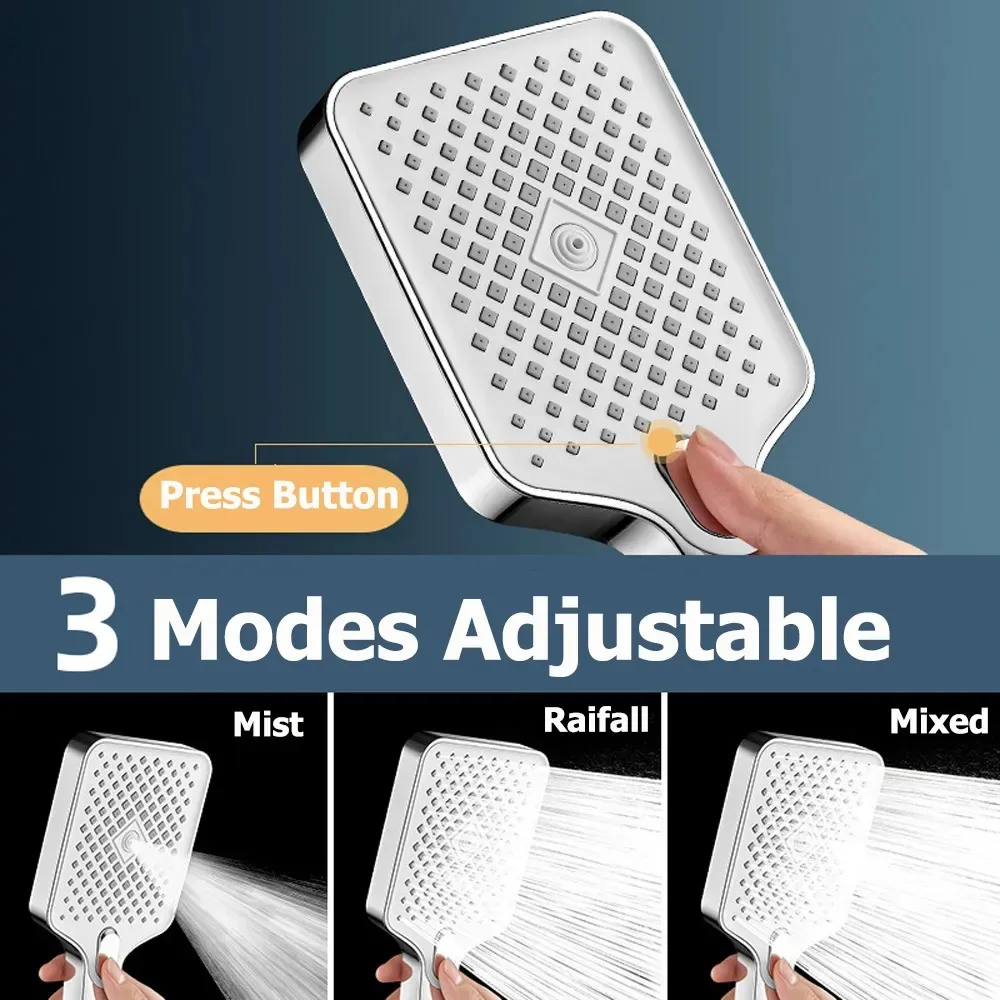 

Large Panel Big Flow Shower Head 3 Modes Adjustable High Pressure Water Saving Spray Nozzle Rainfall Massage Bathroom Shower