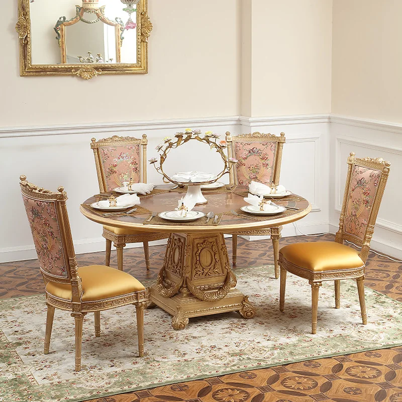 

French furniture 1.4 meters high-end luxury round table European style solid wood carved dining table and chair combination