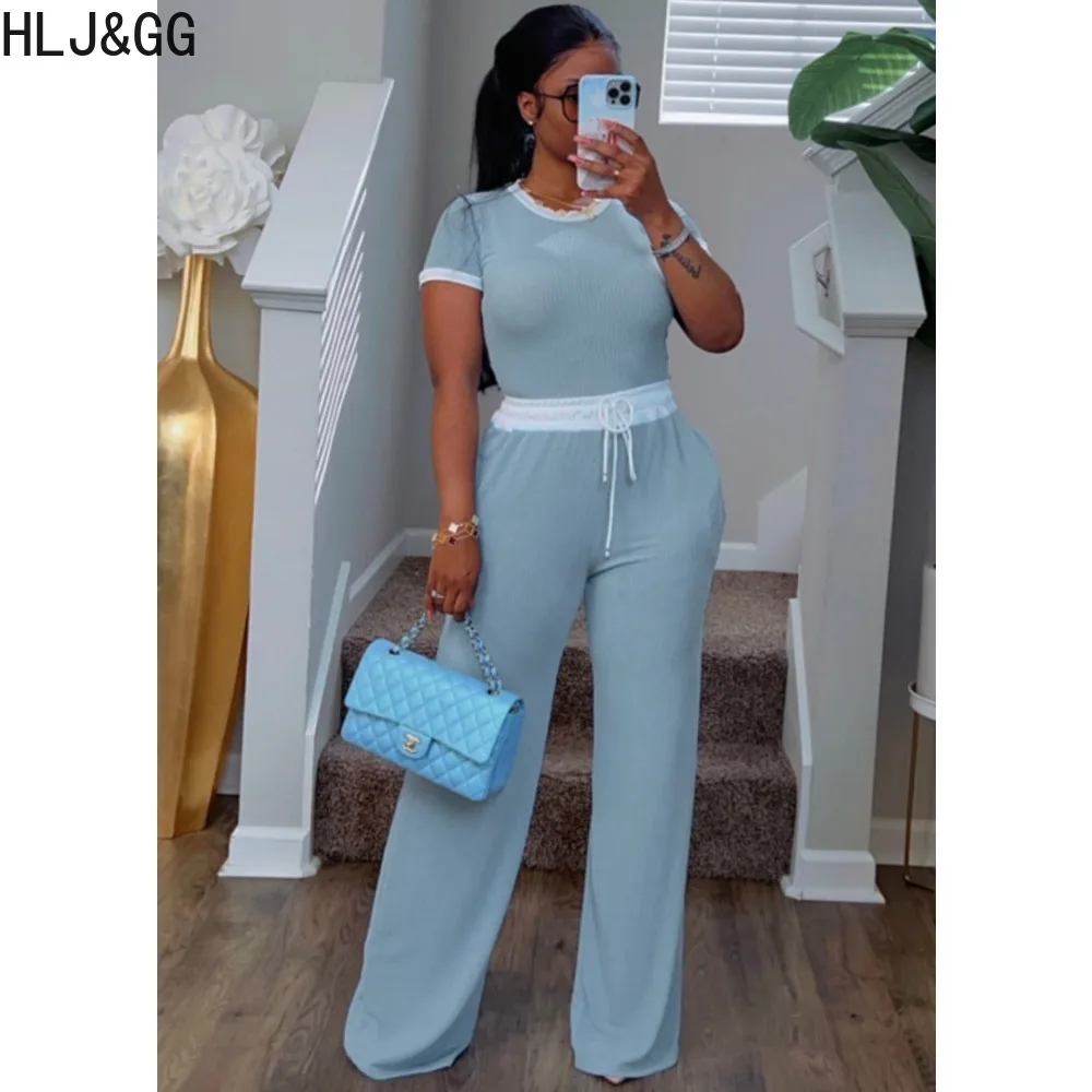 HLJ&GG Spring New Color Splicing Drawstring Pants Two Piece Sets Women Round Neck Short Sleeve Crop Top + Pants Outfits Clothing