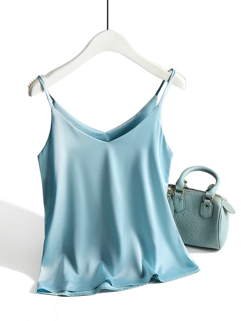 2022 Spaghetti Strap Top Women Halter V Neck Basic White Cami Sleeveless Satin Silk Tank Tops Women'S Summer Camisole Blue