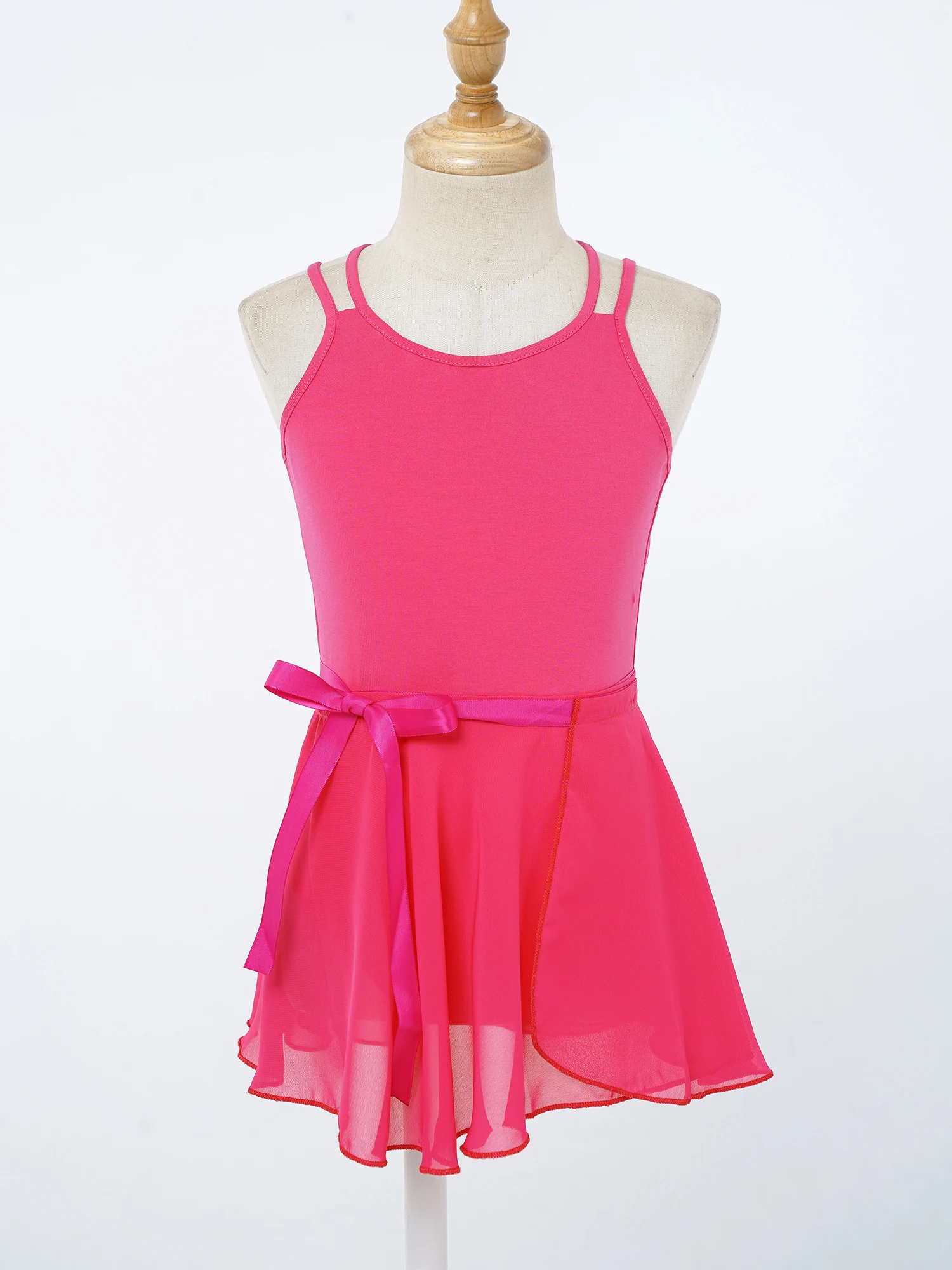 Kids Girls Dancewear Spaghetti Strap Crisscross Back Leotard with Chiffon Mini Pull-On Wrap Skirt for Ballet Dance Sportwear