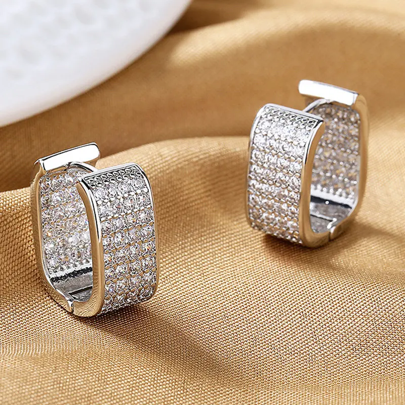 

S925 Sterling Silver Fine 15MM Square Full Zircon Hoop Earrings For Women Fashion Charm Engagement Gift Jewelry