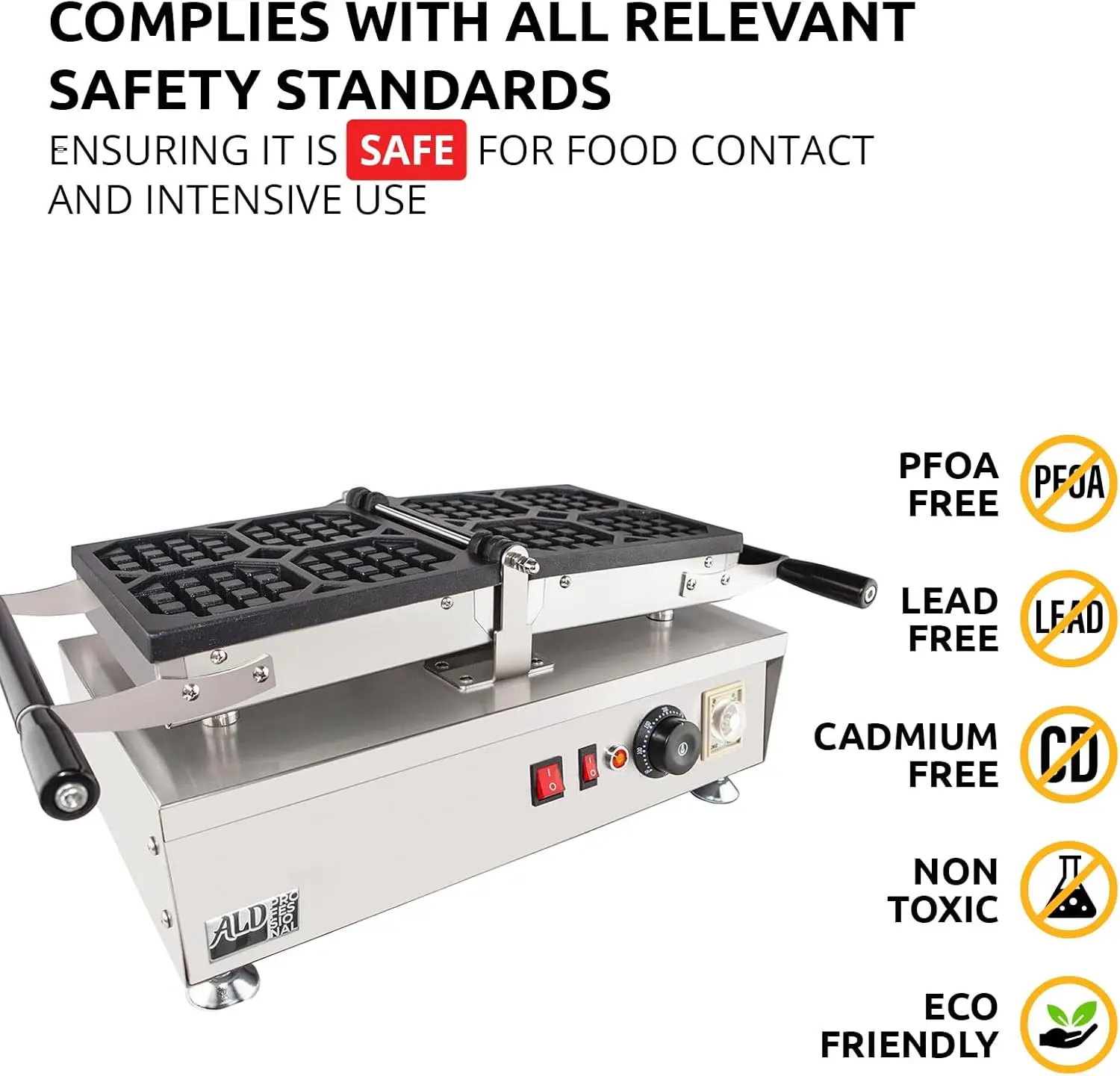 Waffle Maker Thick Swing Type 4 Pcs Professional Use Removable Plates with Nonstick Coating 110V 14"D x 23"W x 12"H 5