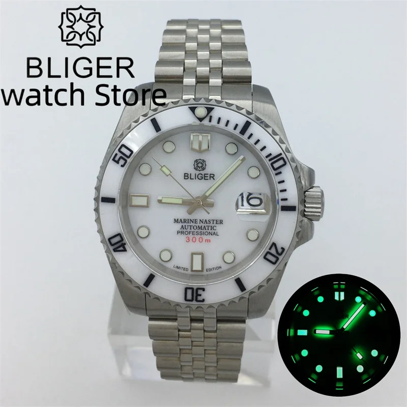 BLIGER NH35A White Ceramic Insert Automatic Men Watch 40mm brushed steel bracelet White shell dial date luminous sapphire glass ip67 electronic digital display dial gauge 0 001 depth gauge displacement indicator gauge aviation aluminum shell ceramic probe