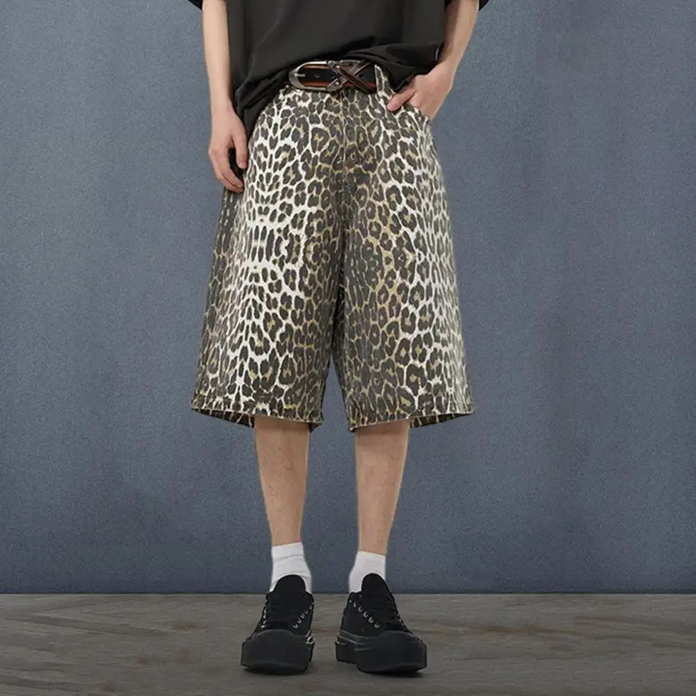 Mid-rise Button Detail Pants Leopard Print Unisex Denim Pants Retro Streetwear Club Trousers for Women Men with Zipper Button