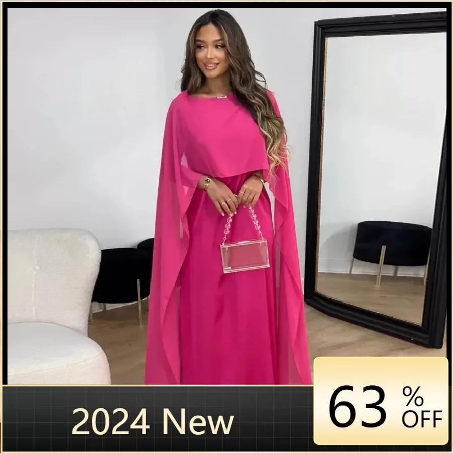 

Muslim Women Longuette Fashion Solid Color Chiffon Party DressO-Neck High Waist Large Swing Long Dress Elegant Autumn Winter