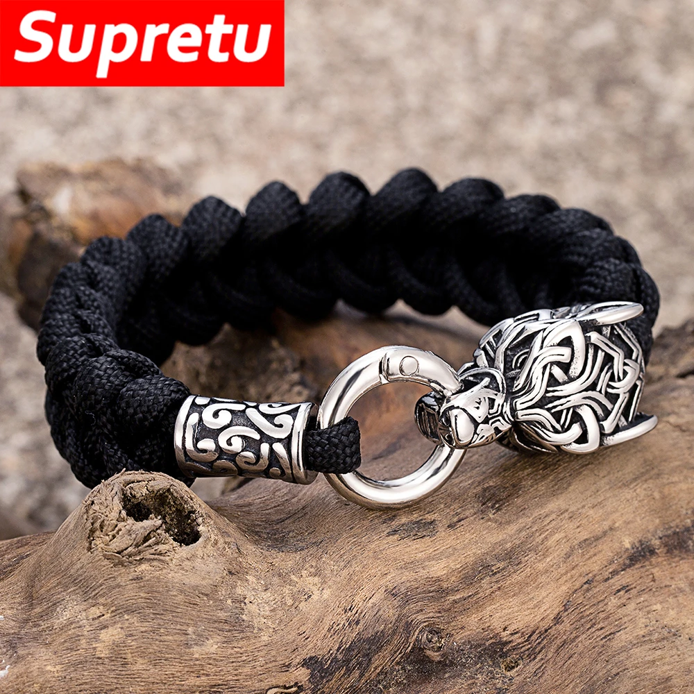 Punk Viking Wolf Head Metal Bangle Stainless Steel Norse Celtic Wolf Braided Paracord Rope Survival Bracelet Men Outdoor Jewelry braided rope bracelet