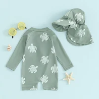 Maillot de bain à manches longues pour bébé garçon, avec bonnet de bain, imprimé tortue/dinosaure 2