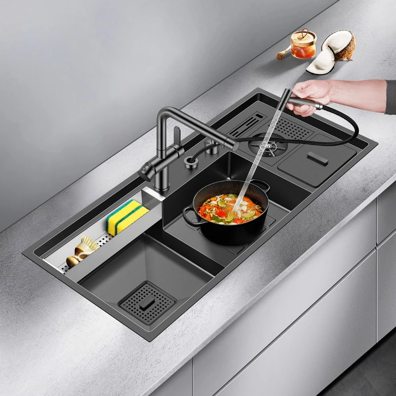 

New Black Stainless Steel Nano-stepped Sink Multifunction With Cup Washer Waste Bin Kitchen Dishwashing