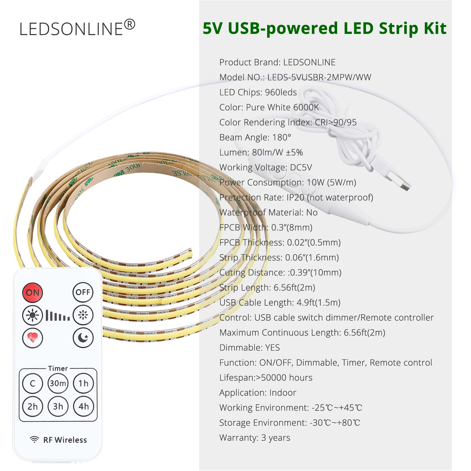 USB COB LED Strip Lights 5V 1-4m Dimmable 300led / M CRI85 With RF