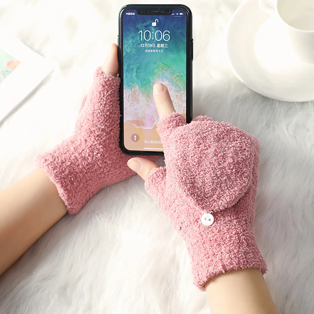 Women'S Half Finger Gloves Winter Soft Coral Fleece Gloves Cold-Proof Warmer Thick Warm Student Writing Flip Cover  Mittens