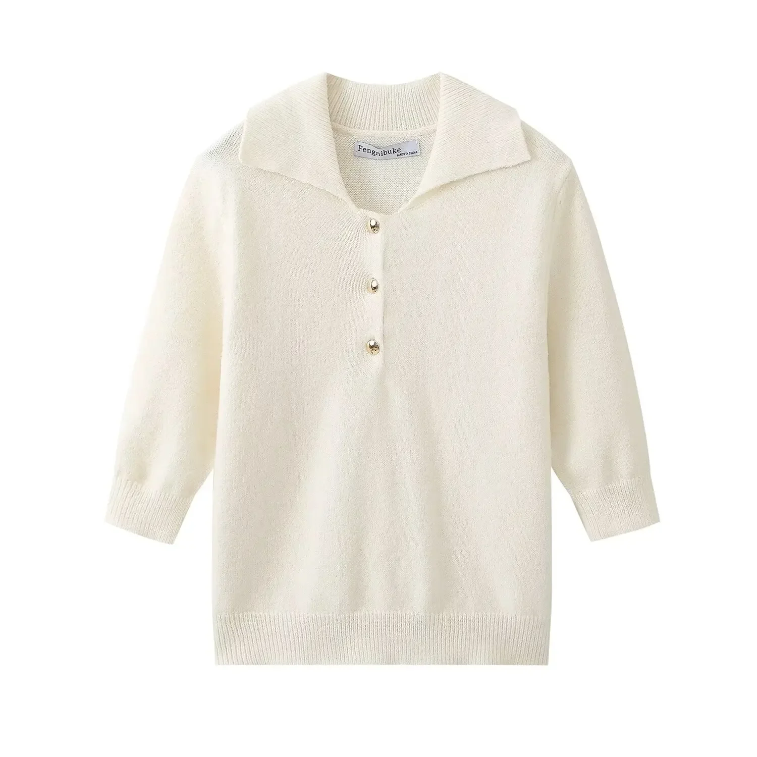 

Women's New Fashion Gold Button Decoration Short Fit Knitted Sweater Retro Short Sleeve Women's Pullover Unique Top