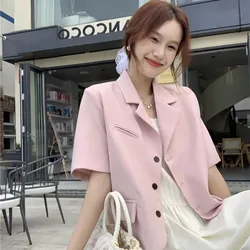 Lucyever Short Sleeve Blazers for Women Korean Sweet Pink Buttons Notched Collar Jacket Ladies Work Office Cropped Suit Coat