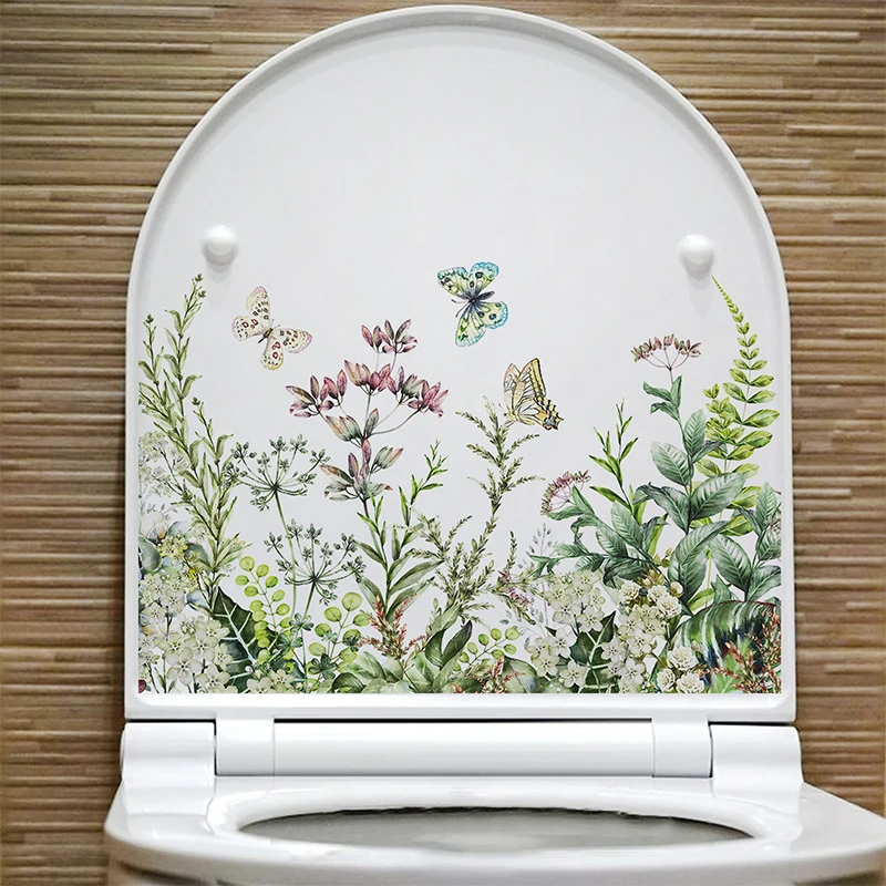Green Plant Flower Butterfly Wall Sticker Bagno Toilet Sticker Wc Autoadesivo Murale Abbellire La Decorazione Della Casa Decalcomanie