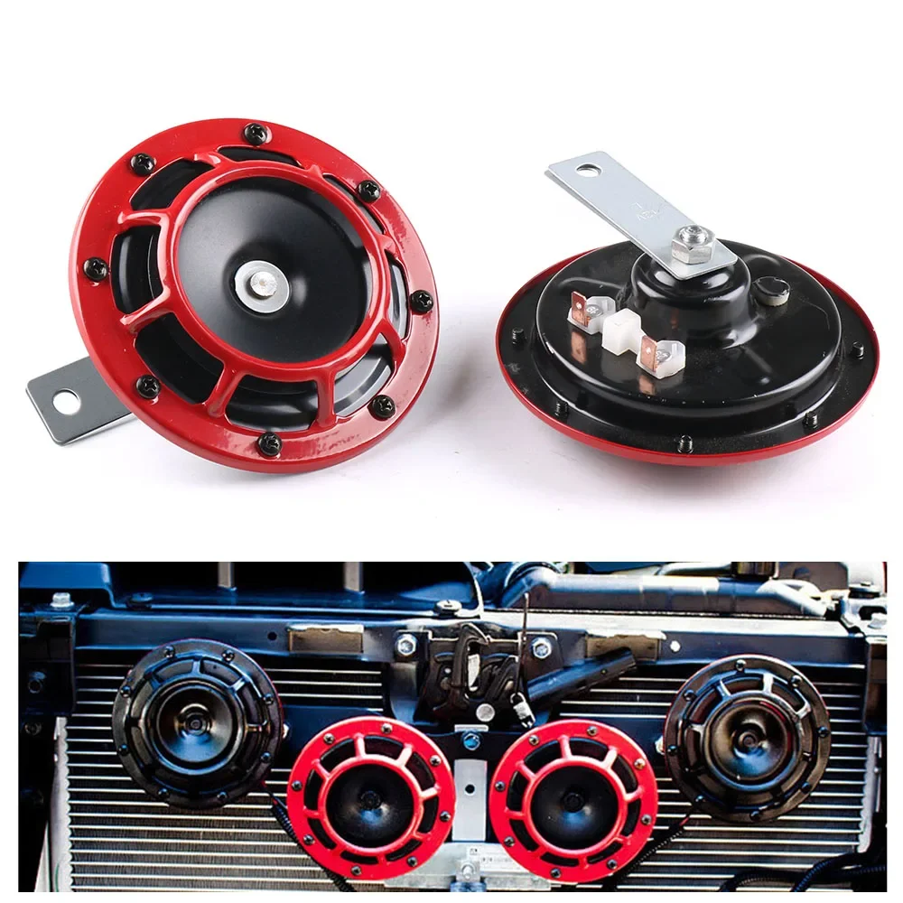 2Pcs/set Red Hella Super Loud Compact Electric Blast Tone Air Horn Kit 12V 115DB Car Disc Horn For Motorcycle Car Accessories