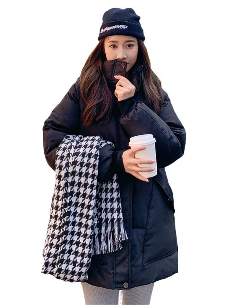 

Down Cotton Coat Women 2023 Autumn Winter New Fashion Korean Loose Thick Big Pockets Long Hooded Parkas Coat Feminina