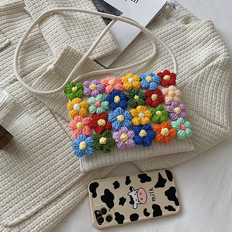 Saco de praia de lã feminino, saco bonito do crochet com flor e bolsa de ombro do sopro para o feriado, novo