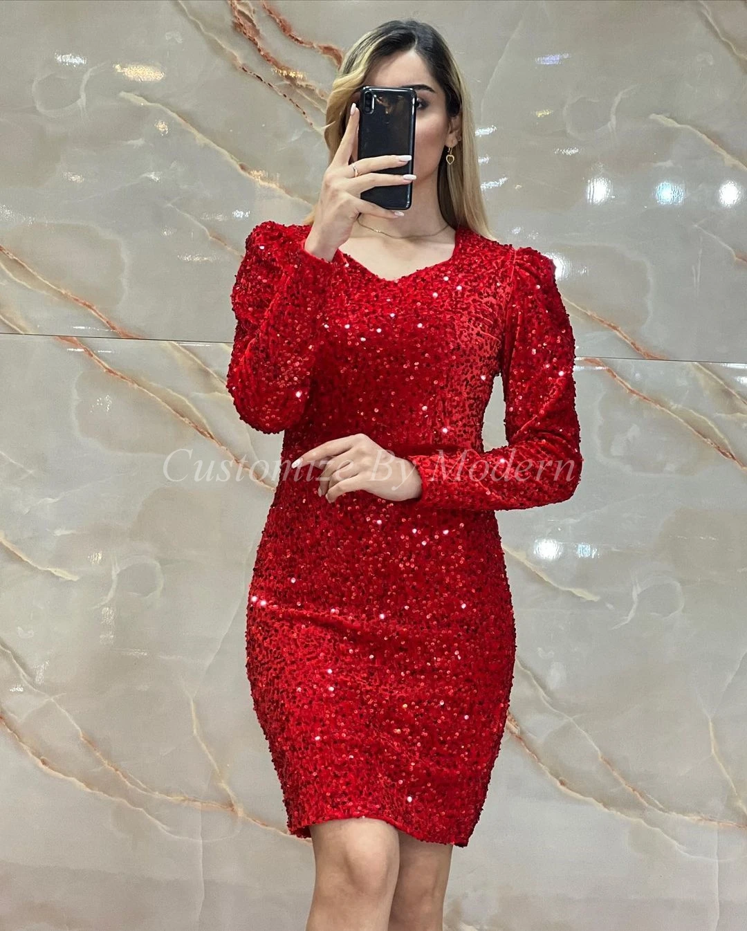 

Red Sequins Long Sleeves Prom Dresses V Neck Mini Dress Saudi Arabic Women Prom Gowns Formal Party Dress