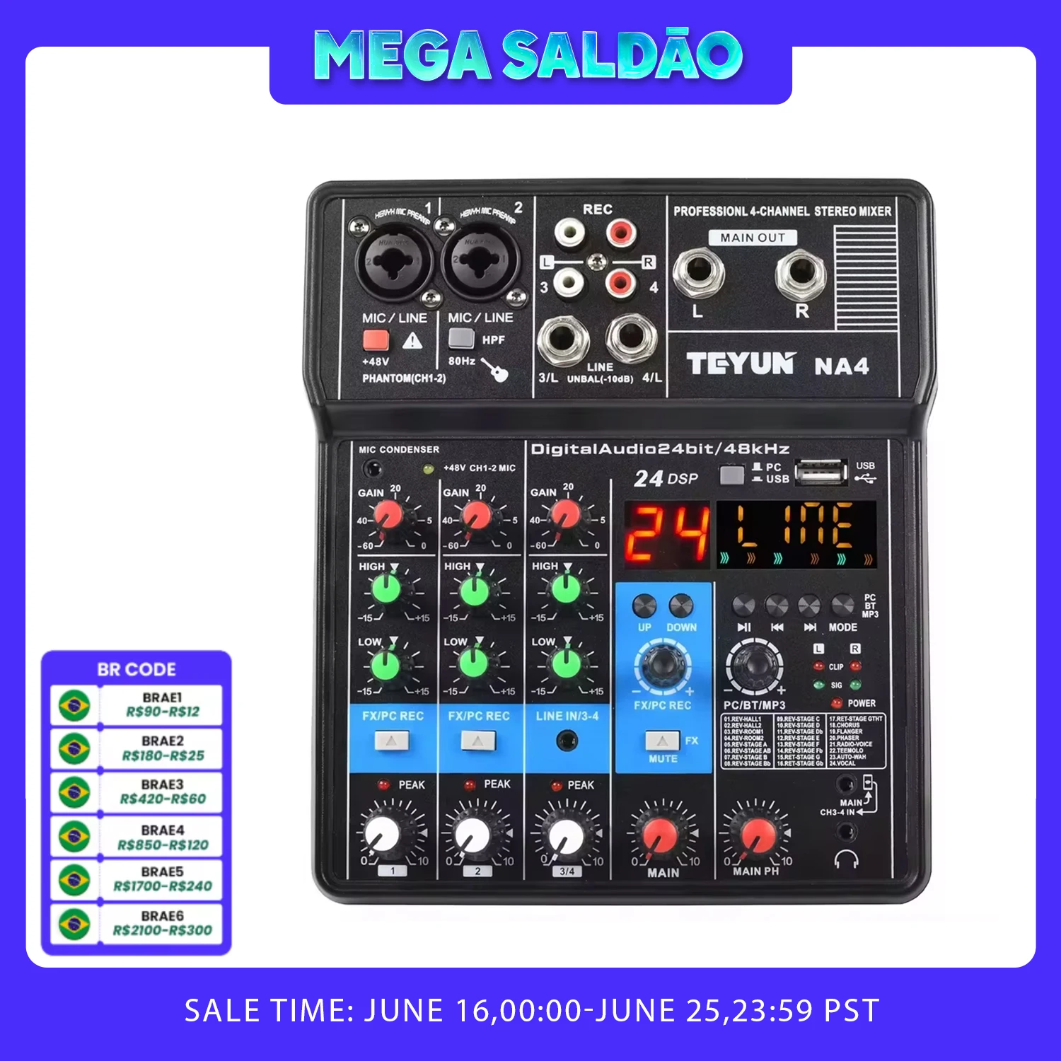 TEYUN NA4 4 Channel Mini Audio Mixer Sound Card DJ 16 Digital Effects Noise Reduction Console USB Record For Singing  Broadcast 1