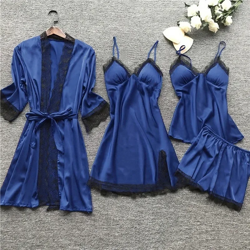 2024 New Women Pajamas Sets Satin Sleepwear Silk 4 Pieces Nightwear Pyjama Strap Lace Sleep Lounge Pajama with Chest Pads Drop