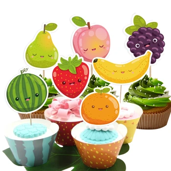 24pcs Fruits Cake Topper Strawberry Watermelon Smiling Face Cupcake Toppers for Kids Summer Fruits Birthday Party Decorations 1