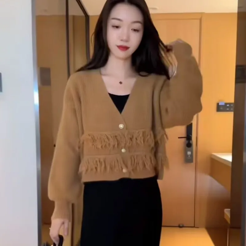 

Design Sense V-Neck Double Row Tassel Knit Sweater 2023 Autumn New Korean Minority Unique Short Loose Outerwear Cardigan Female
