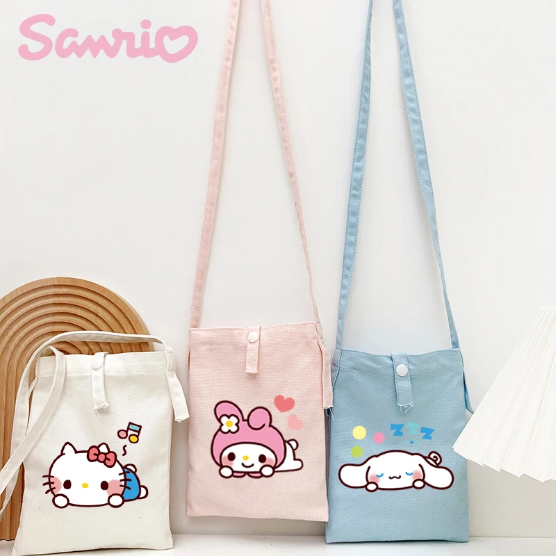 

Sanrios Hello Kitty Cinnamoroll My Melody Cartoon Crossbody Bag Girl Handbags Simple Canvas Bag Female Casual Cell Phone Bag