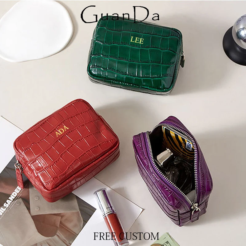 Luxury Genuine Leather Zip Coin Purse Crocodile Leather Pattern Cowhide Wallet Lipstick Cosmetic Bag Custom Woman Storage Bag 1