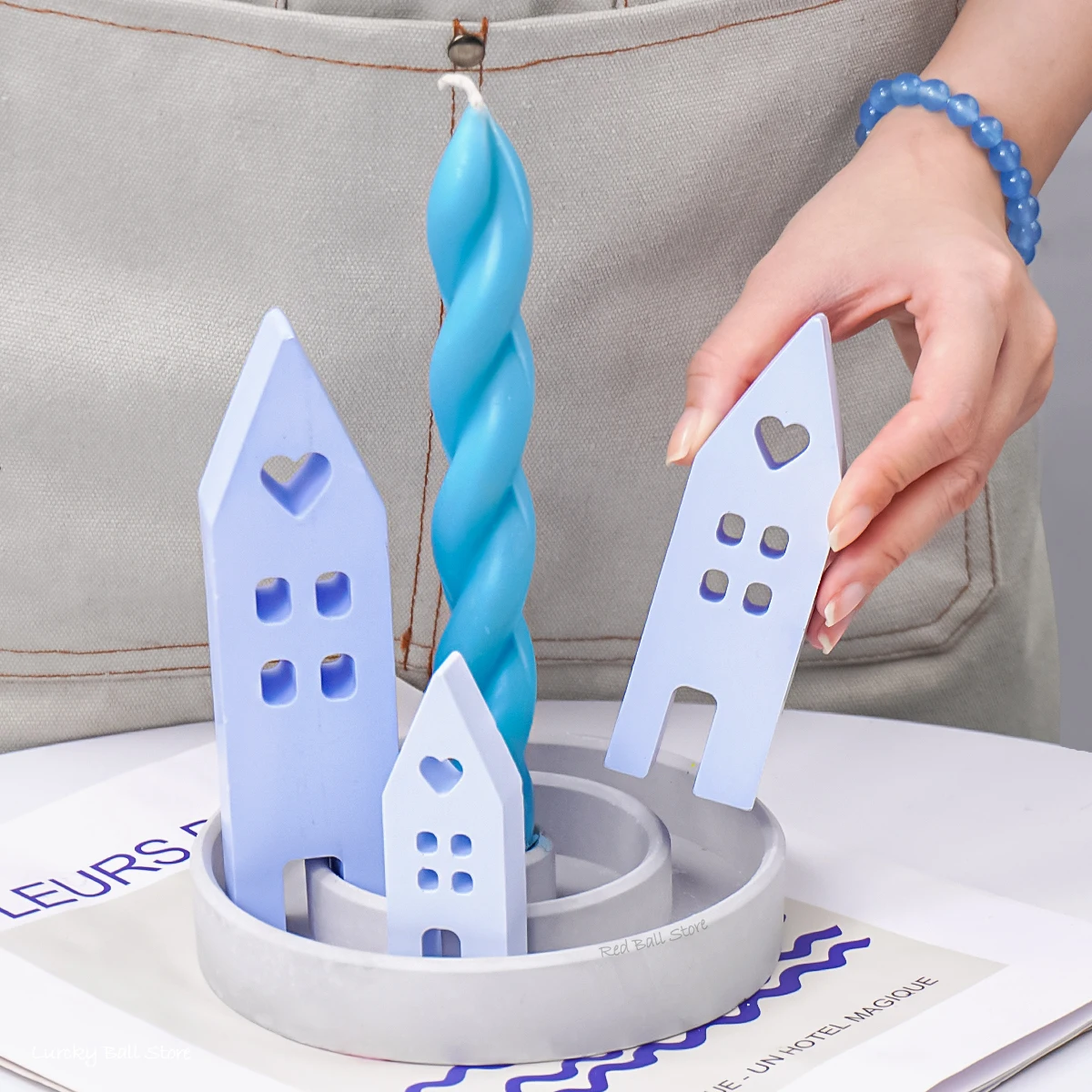 Silicone Mold 3Pcs House Candlesticks Concrete Silicone Mold DIY Resin Round Candle Holder Plaster Tray Set Molds Handmade Crafts Room Decor