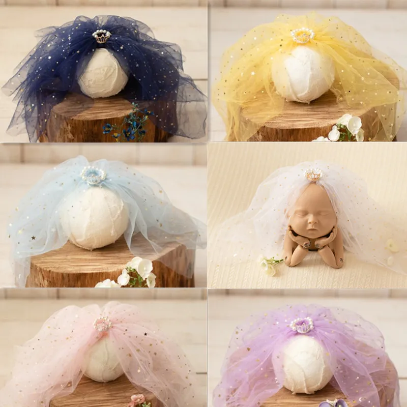 Newborn Photography Props Romantic Fairy Veil Crown Tiara Full-moon Baby Photo Accessories Baby Mini Crown  For Studio