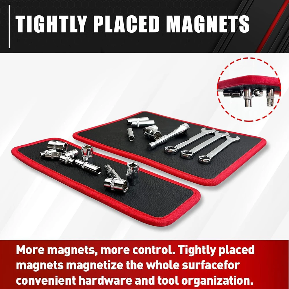 VelmoraMart magnetic tool holder mat securely holding metal hand tools on a workbench.