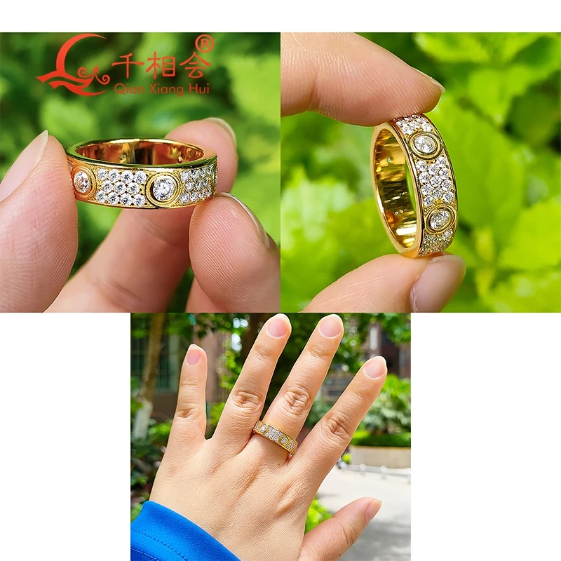 925 silver ring  yellow rose gold solid Classic Love Three Rows Luxury Eternity Ring D Moissanite Wedding Engagement Ladies men
