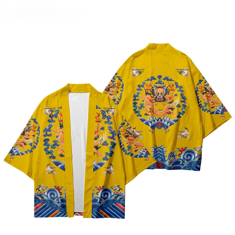 Yellow Cardigan Tops Women Men Cosplay Haori Asian Clothing Chinese Dragon Print Traditional Kimono Japanese Fashion Shirts