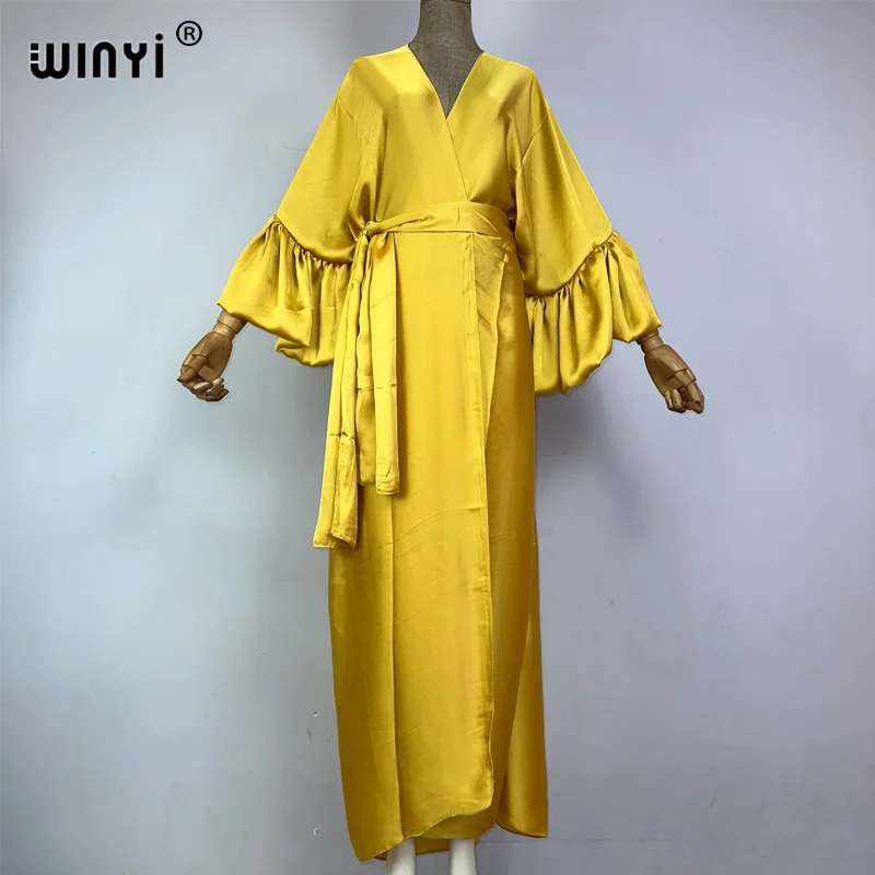 

WINYI monocolour Self Belted silk dress Women Elegant Summer holiday Bubble sleeve cardigan beach Wear Swim Suit cover up kimono