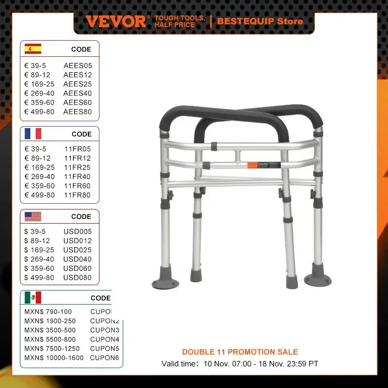 VEVOR Toilet Safety Rail Folding Toilet Seat Frame Adjustable Width & Height Fit Most Toilets Supports 300lbs Disabled Seniors bathroom handrail