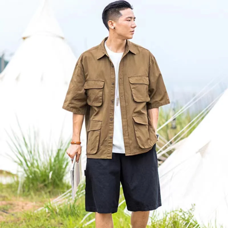 

2022 Summer Men's Japanese Retro Short Sleeve Work Shirts Loose Multi Pocket Lapel Collar Shirts Unisex Clothes Plus Size M-2XL