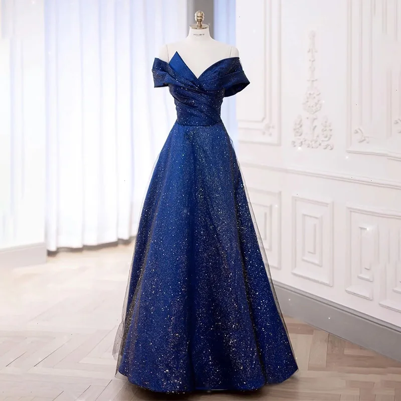 

Blue Off Shoulder Evening Dress Light Luxury Satin Shiny Sequins Banquet Gown V-Neck Pleated Floor-Length A-Line Party Vestido