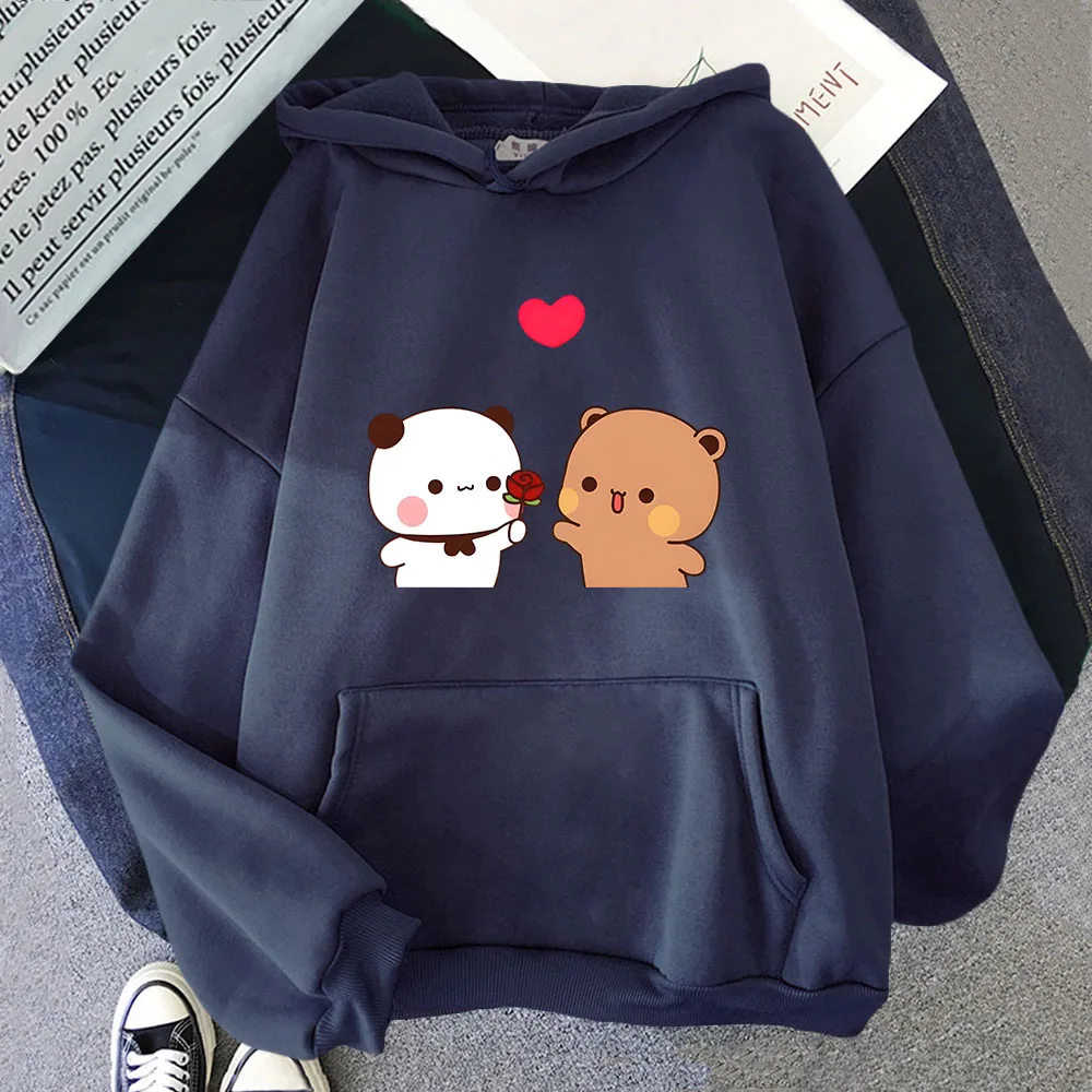 

Bubu Is Giving Rose To Dudu Hoodies Kawaii Panda and Bear Sweatshirt with Hooded Fleece Women Clothing Y2k Pullover Kpop Casual