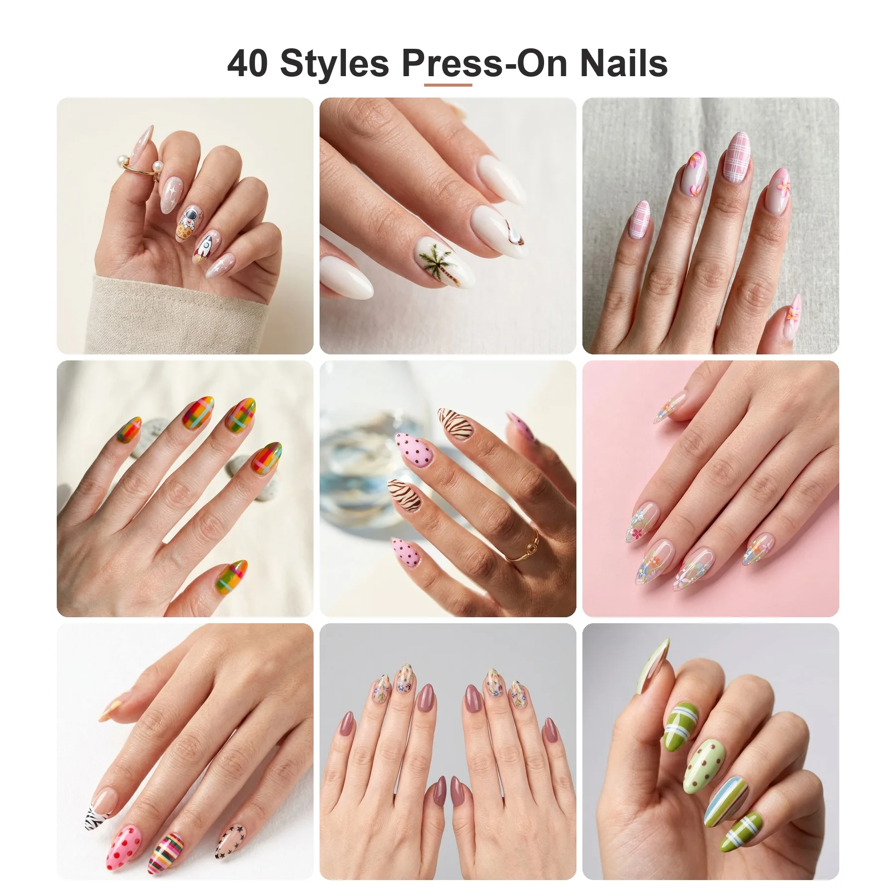 Long Almond Press-On Nails, 40 Styles Reusable Acrylic Fake Nails with Designs, Full Cover Glue On Long Nail Tips for Women