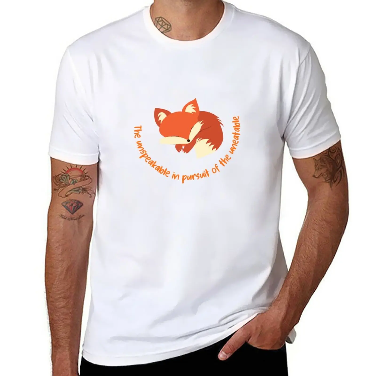 

New Cute Sleeping Fox with Oscar Wilde's Quote on Fox Hunting T-Shirt Short sleeve tee heavyweight t shirts men clothings