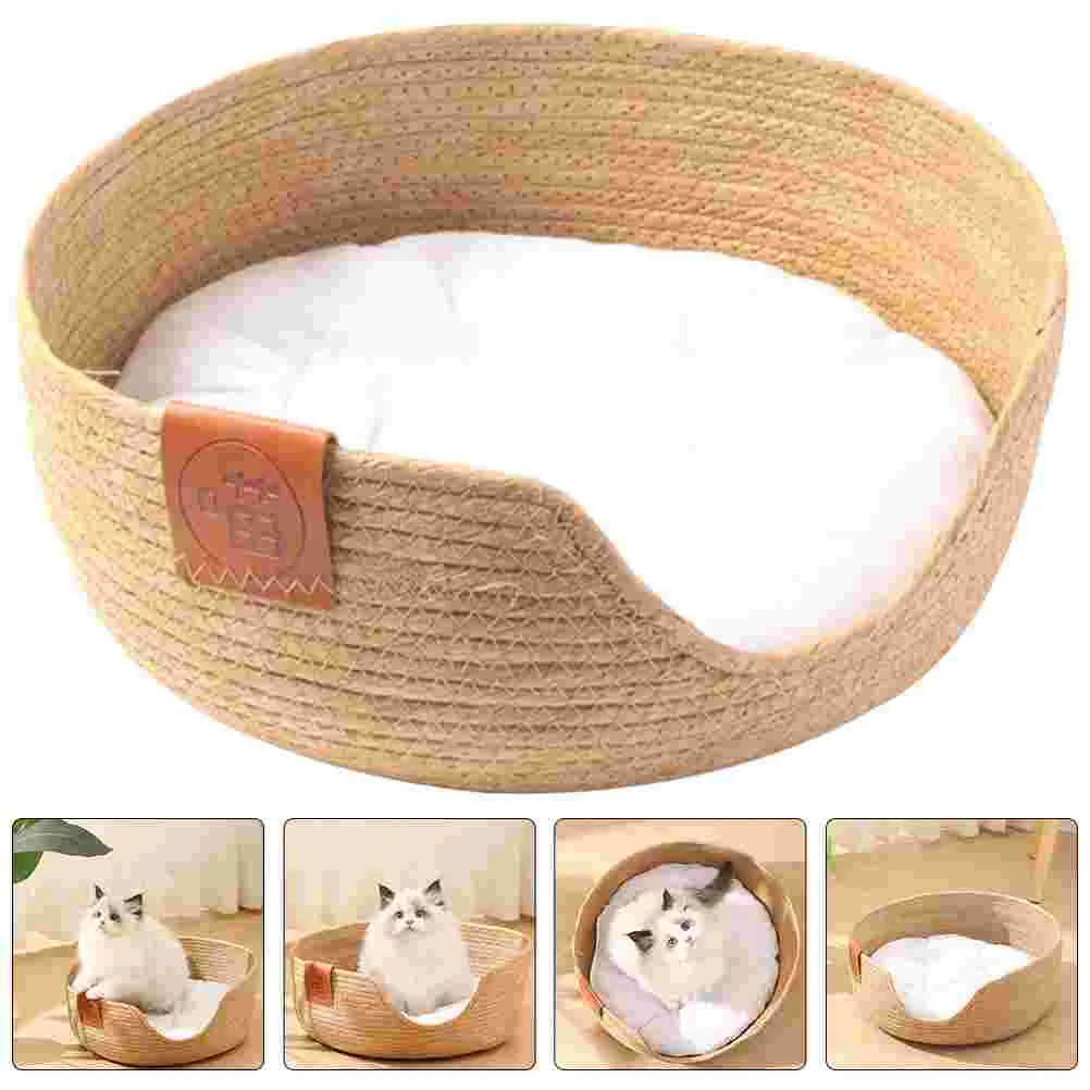 

Woven Straw Cat Bed Sleeping Nest Basket Breathable Cat House Cooling Bed Kitten Small Dogs Puppy