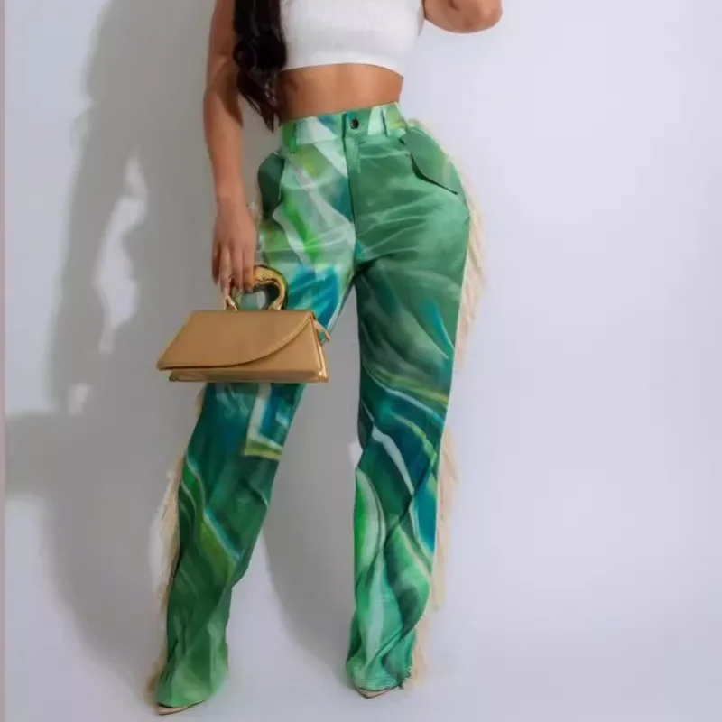 Side Tassel Print Women Casual Pants Button Fly Elastic High Waist Pockets Slim Straight Trousers Fashion Streetwear Bottoms