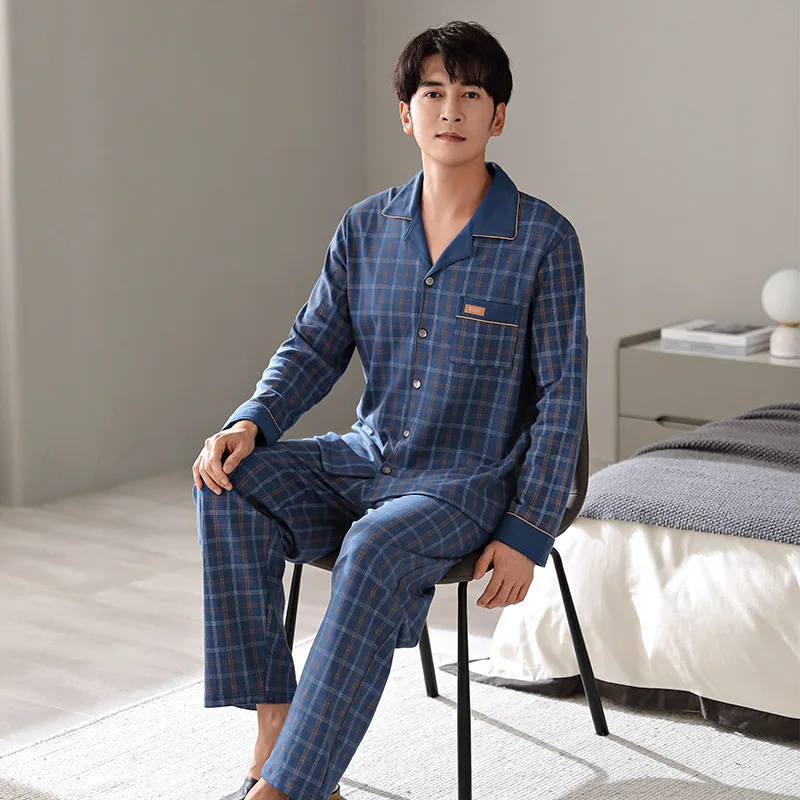 Spring Autumn Men's Pure Cotton Pajamas Lapel Long Sleeve Plaid Cardigan Pants Oversized Loose Fitting Casual Home Clothing Set
